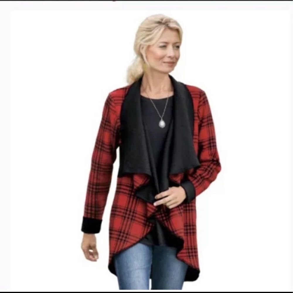 Soft Surroundings Windowpane Topper Plaid Drape Shawl Collar Cardigan‎